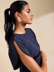 Friends Like These Navy Split Sleeve Ruched Midi Dress - Image 2 of 5