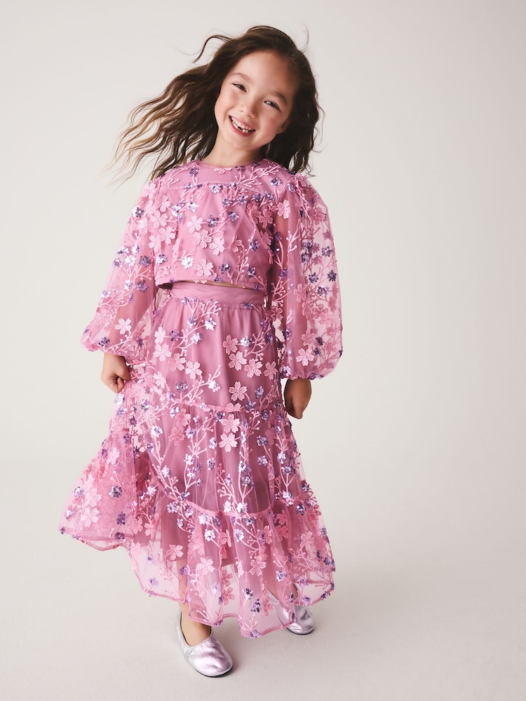Berry Pink Embellished Long Sleeve Top and Skirt set (3-16yrs) - Image 1 of 9
