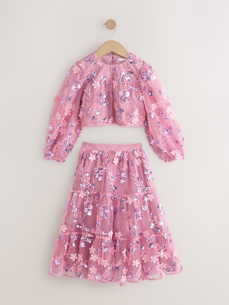Berry Pink Embellished Long Sleeve Top and Skirt set (3-16yrs) - Image 9 of 9