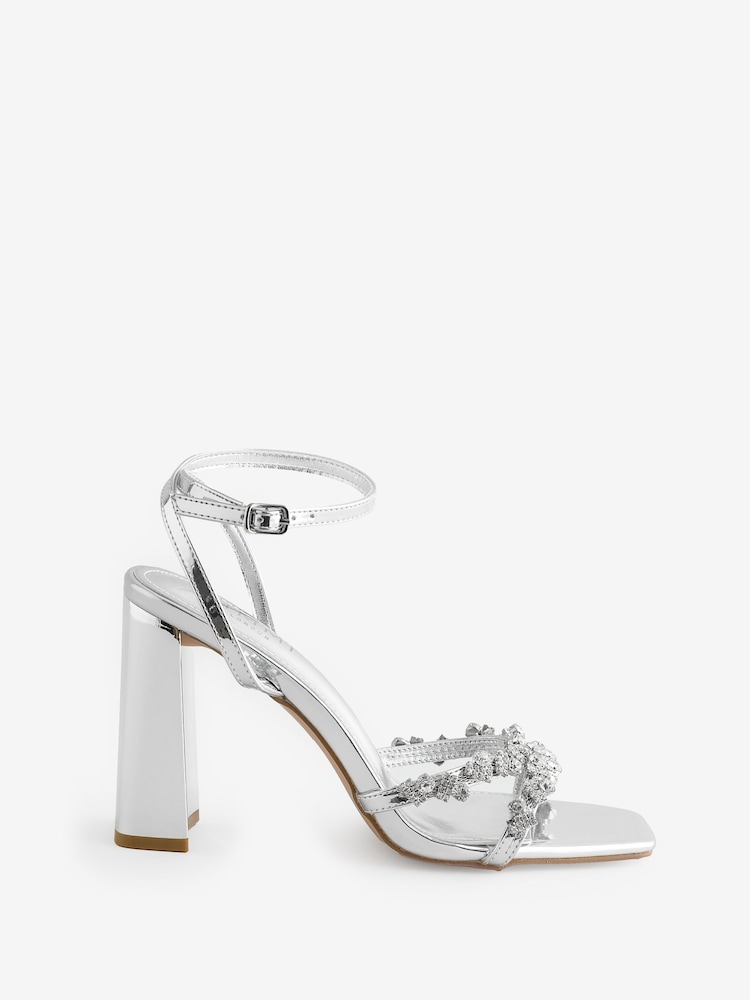 Simmi London Silver Lydia Diamante Block Heeled Sandals - Image 1 of 5