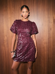 Friends Like These Berry Red Petite Puff Sleeve Floral Sequin Mini Dress - Image 1 of 5