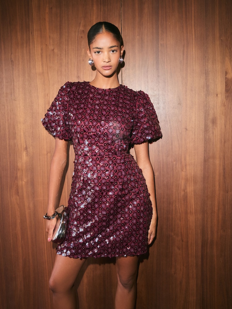 Friends Like These Berry Red Petite Puff Sleeve Floral Sequin Mini Dress - Image 1 of 5 Friends Like These Berry Red Petite Puff Sleeve Floral Sequin Mini Dress - Image 1 of 5