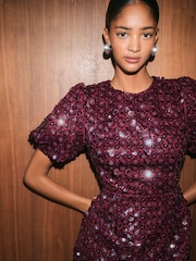 Friends Like These Berry Red Petite Puff Sleeve Floral Sequin Mini Dress - Image 4 of 5
