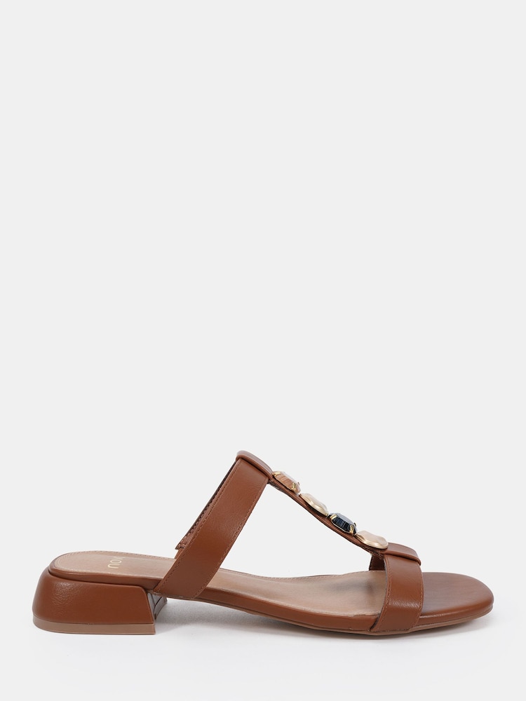 Novo Brown Standard Fit Trinity Hardware Stone Detail Mule Flat Sandals - Image 2 of 6
