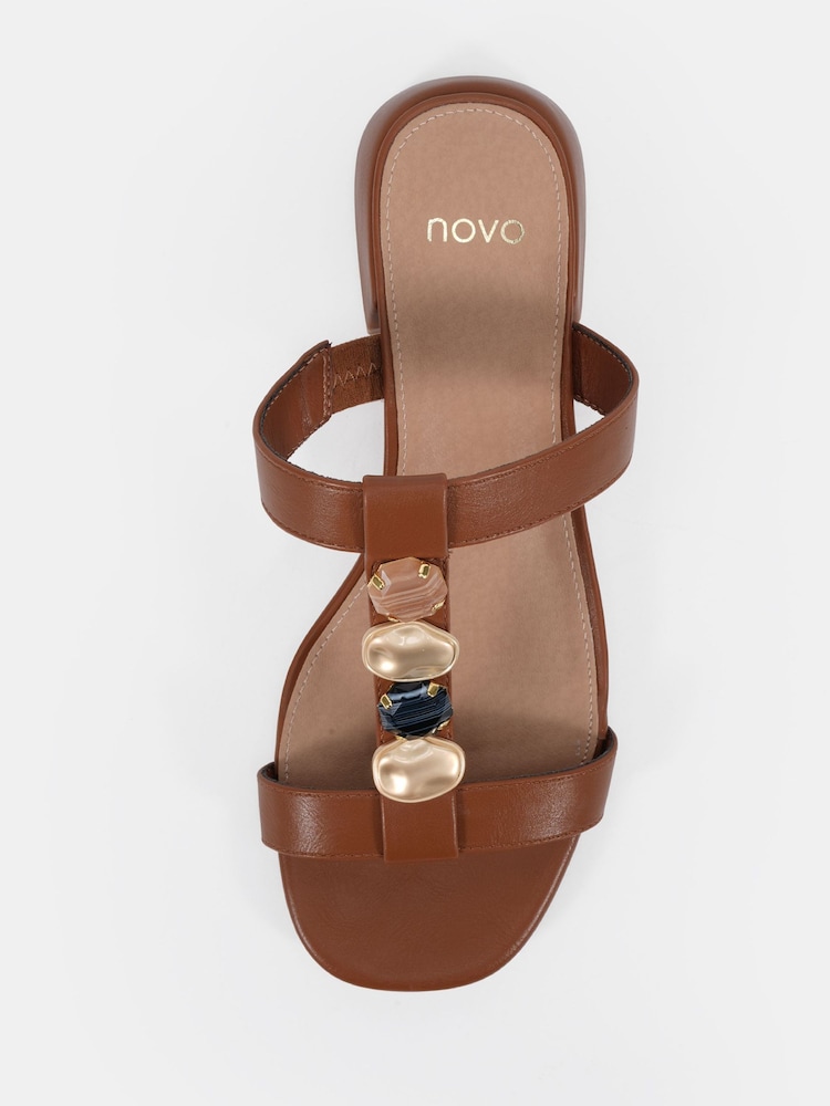 Novo Brown Standard Fit Trinity Hardware Stone Detail Mule Flat Sandals - Image 6 of 6