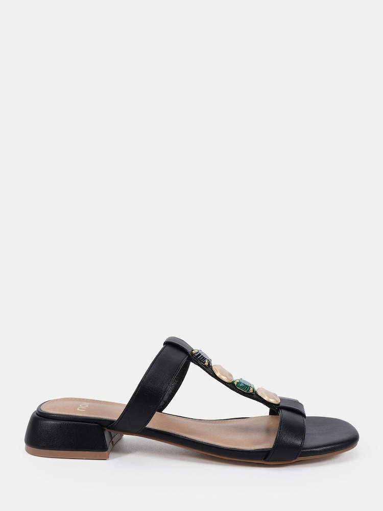 Novo Black Standard Fit Trinity Hardware Stone Detail Mule Flat Sandals - Image 2 of 5