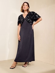 Friends Like These Black Curve Short Sleeve Sequin Satin Midi Dress - Image 1 of 5