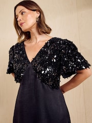 Friends Like These Black Curve Short Sleeve Sequin Satin Midi Dress - Image 2 of 5