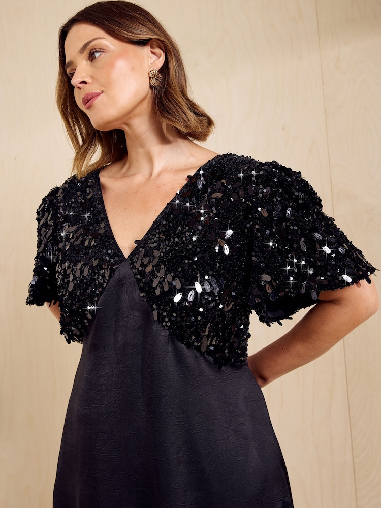 Friends Like These Black Curve Short Sleeve Sequin Satin Midi Dress - Image 2 of 5 Friends Like These Black Curve Short Sleeve Sequin Satin Midi Dress - Image 2 of 5