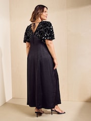 Friends Like These Black Curve Short Sleeve Sequin Satin Midi Dress - Image 5 of 5