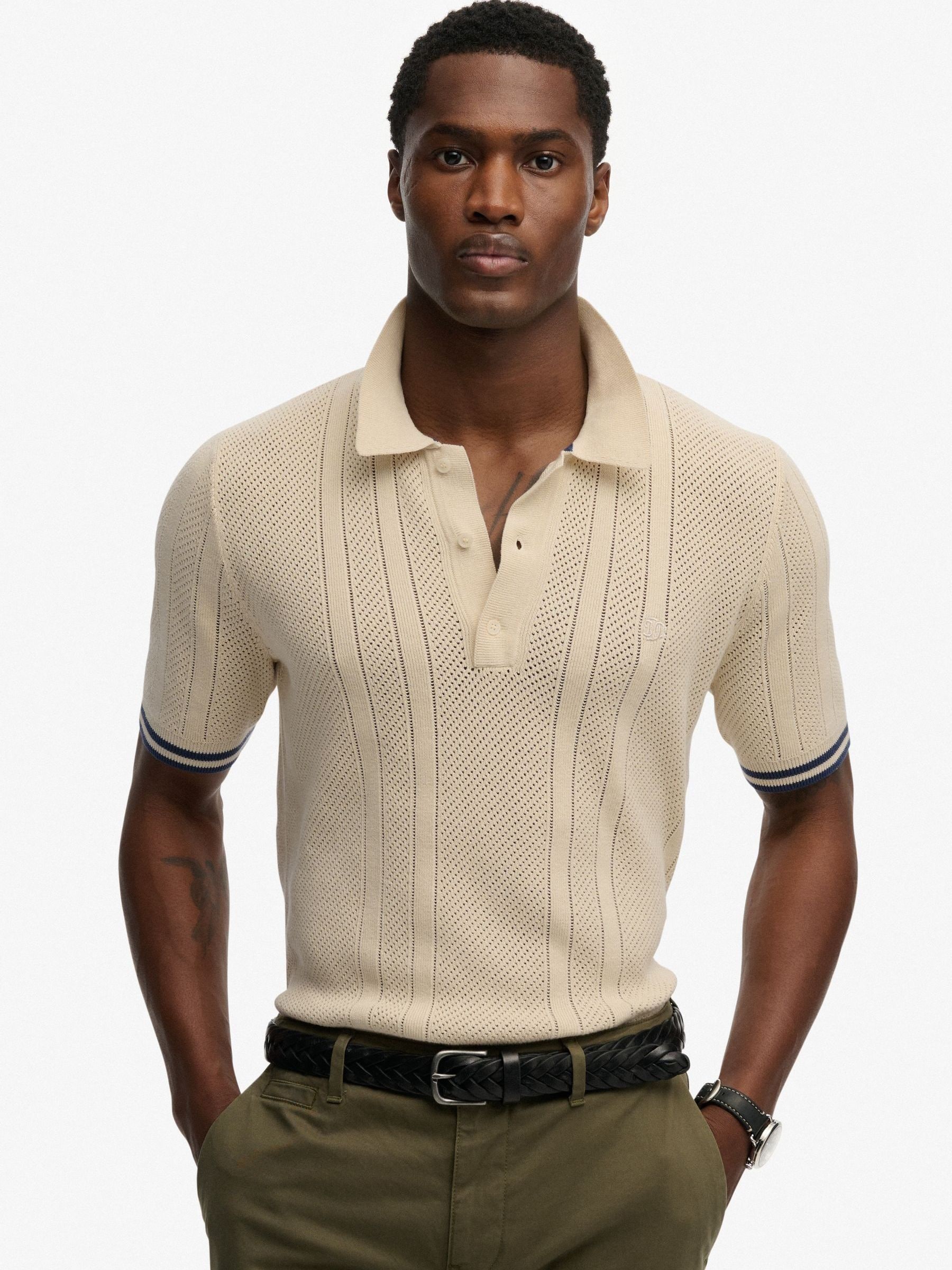 Buy Superdry Cream Knitted Texture Short Sleeve Polo Shirt from