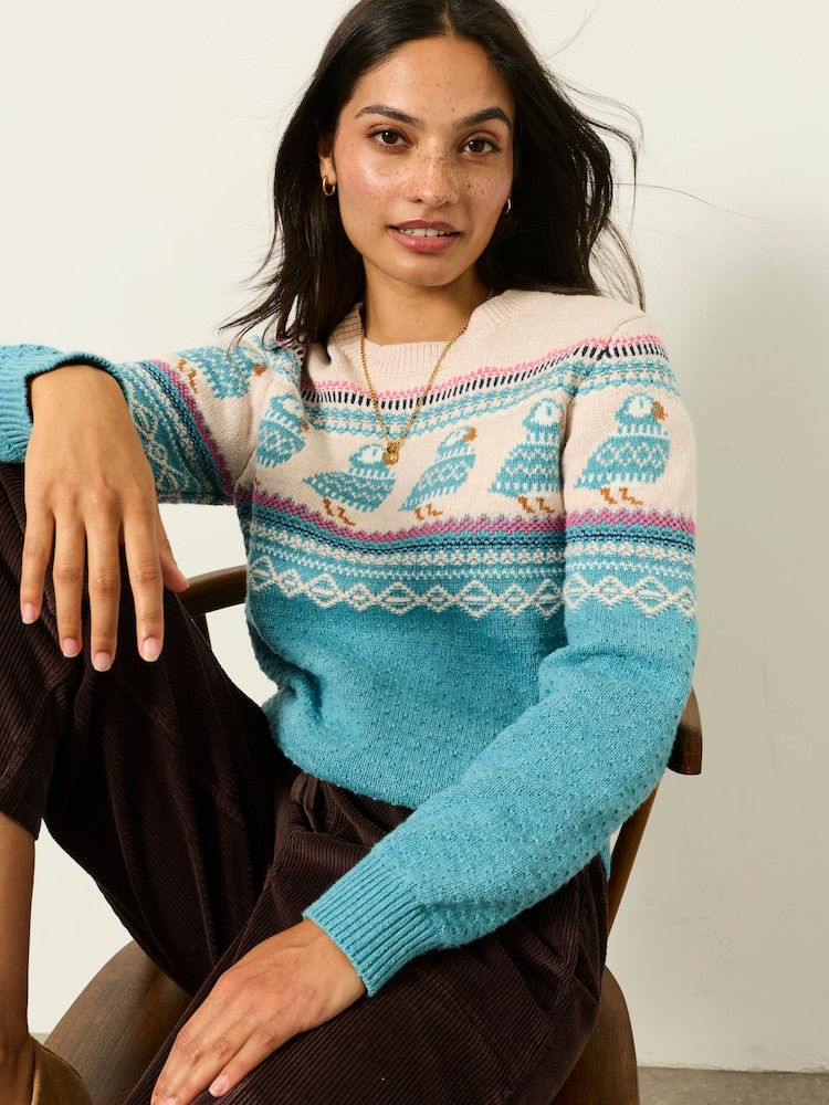 FatFace Puffin Light Teal Fairisle Knitted Crew Neck Christmas Jumper - Image 1 of 6 FatFace Puffin Light Teal Fairisle Knitted Crew Neck Christmas Jumper - Image 1 of 6