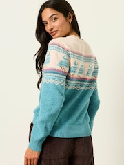 FatFace Puffin Light Teal Fairisle Knitted Crew Neck Christmas Jumper - Image 2 of 6
