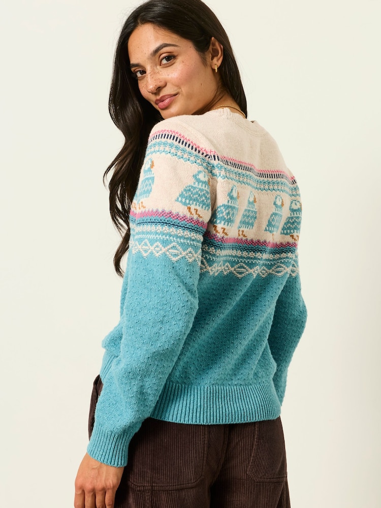 FatFace Puffin Light Teal Fairisle Knitted Crew Neck Christmas Jumper - Image 2 of 6 FatFace Puffin Light Teal Fairisle Knitted Crew Neck Christmas Jumper - Image 2 of 6