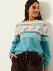 FatFace Puffin Light Teal Fairisle Knitted Crew Neck Christmas Jumper - Image 3 of 6
