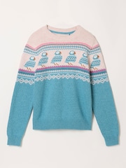 FatFace Puffin Light Teal Fairisle Knitted Crew Neck Christmas Jumper - Image 6 of 6