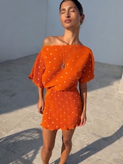 Never Fully Dressed Orange Mini Plisse Tilly Dress - Image 1 of 3