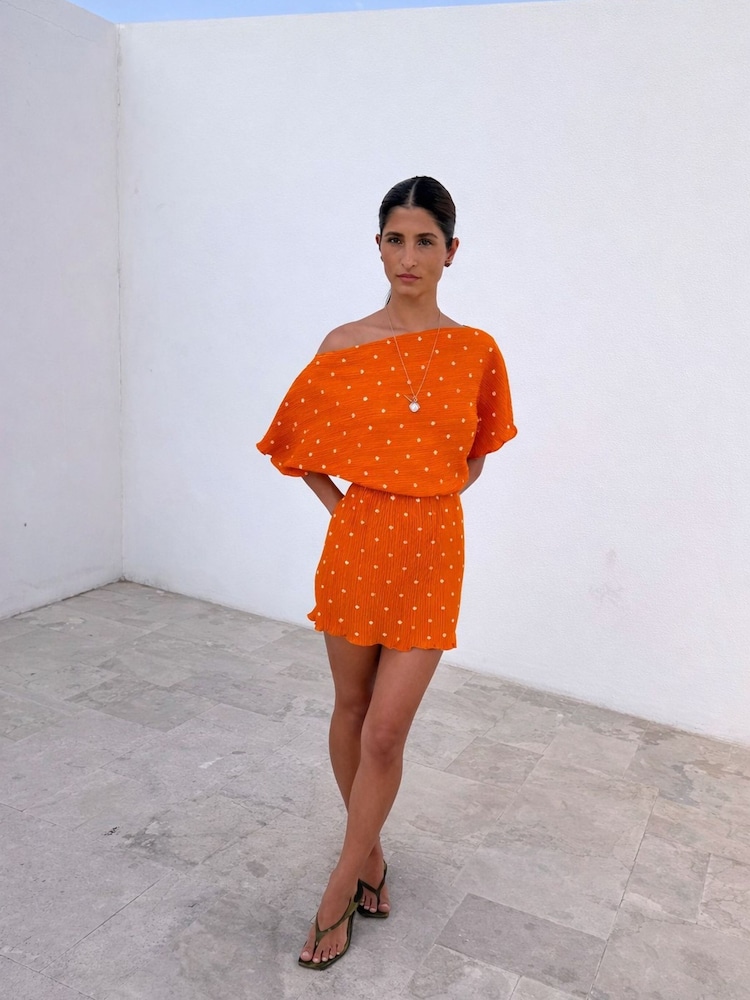 Never Fully Dressed Orange Mini Plisse Tilly Dress - Image 3 of 3