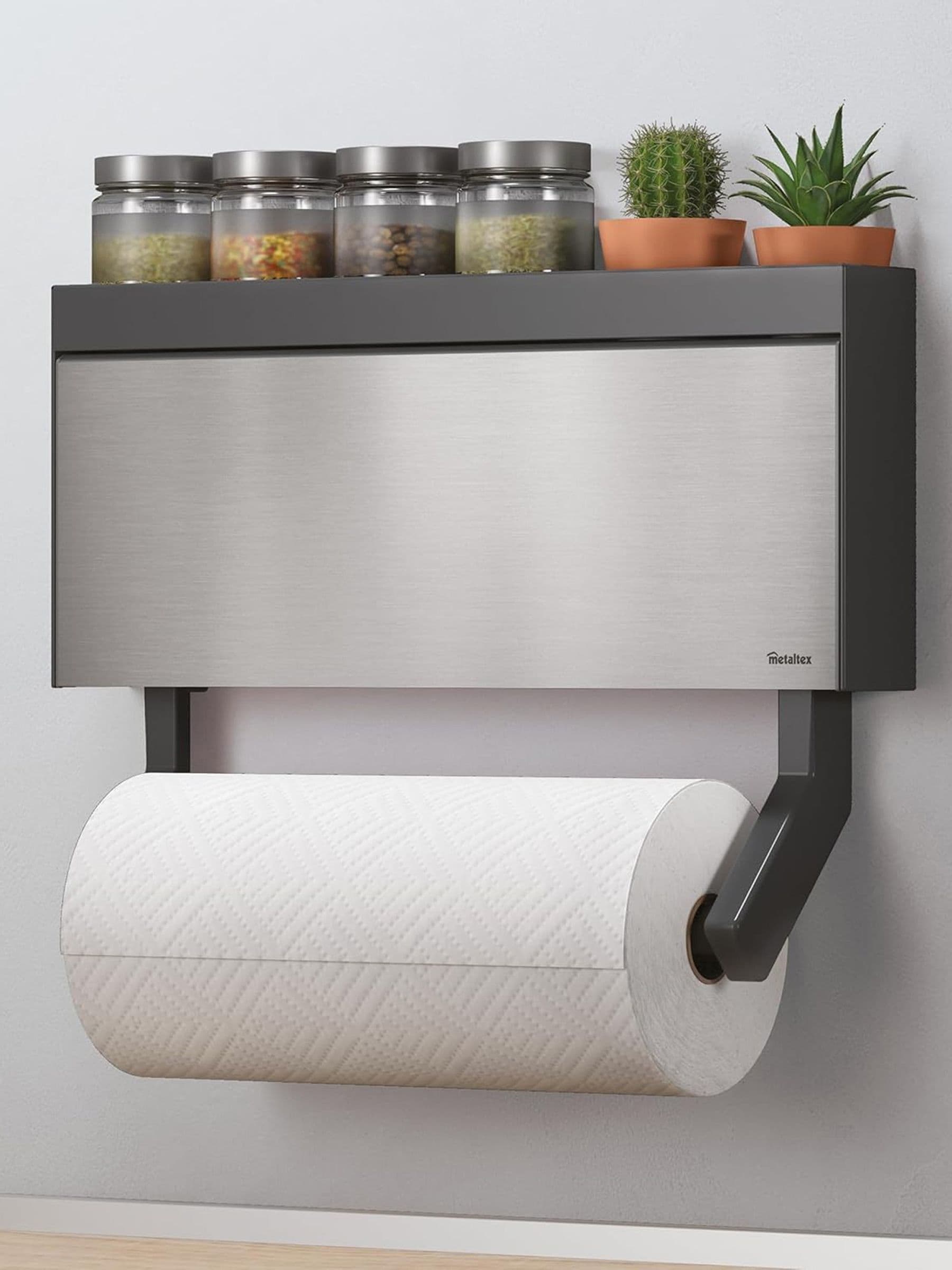 Metaltex - Tango Inox - Wall Mounted Kitchen Roll Holder, Foil & Cling Film Dispenser and Cutter with Utensil Hooks - Stainless Steel Organiser for Effortless Accessibility & Advanced Cutting - Image 4