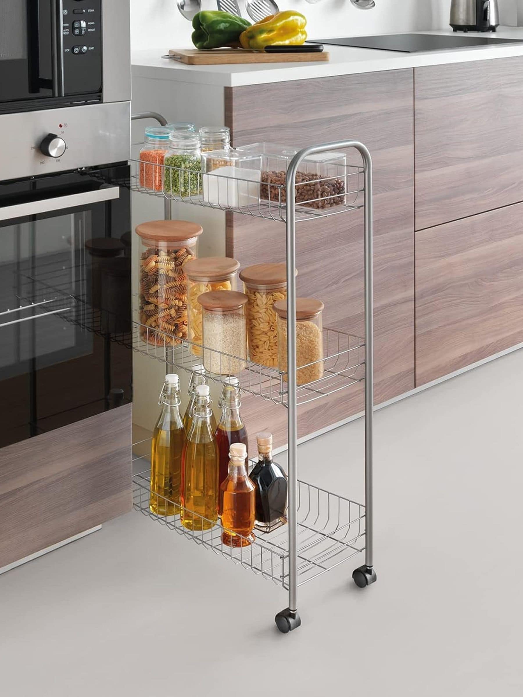 Metaltex Unisex Silver Slim Deluxe 3 Tier Storage Rolling Cart - Image 1
