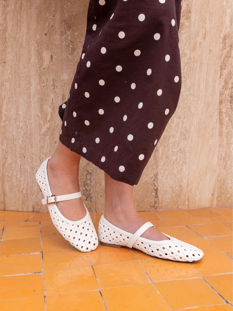 Novo White Wide Fit Faye Woven Mary Jane Flat Shoes - Image 1 of 6