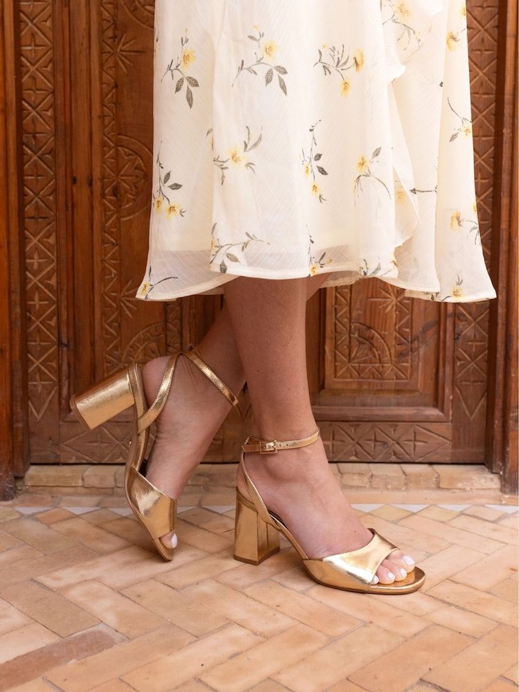 Novo Gold Wide Fit Lydia Block Heel Ankle Strap Sandals - Image 1 of 6 Novo Gold Wide Fit Lydia Block Heel Ankle Strap Sandals - Image 1 of 6