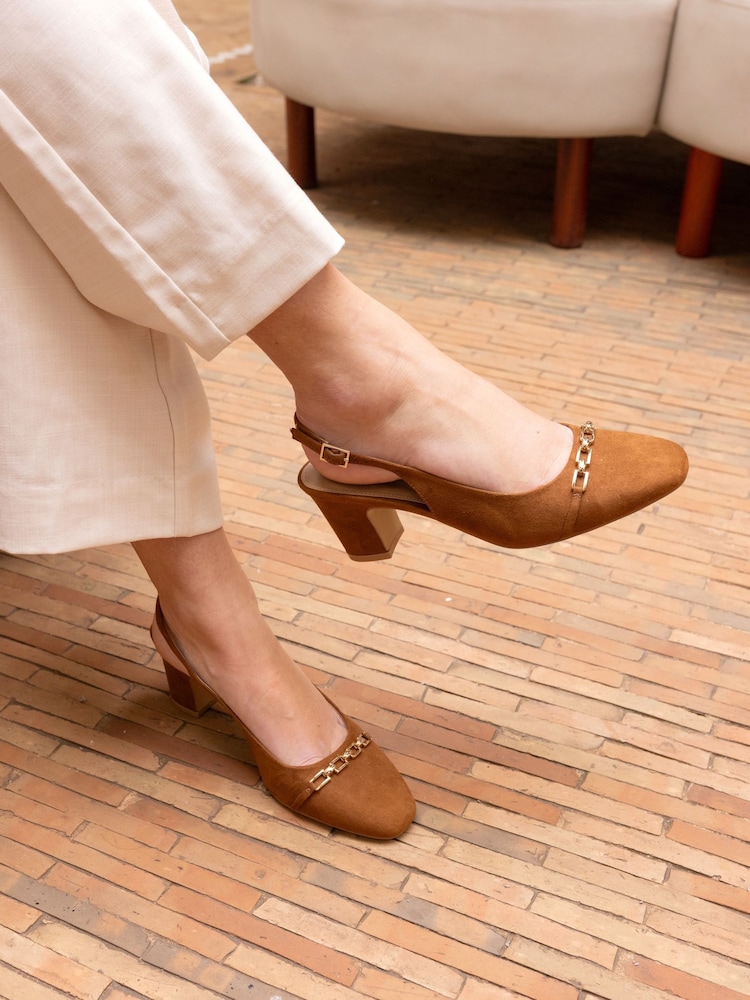 Novo Brown Wide Fit Heidi Chain Trim Block Heel Slingbacks - Image 1 of 1 Novo Brown Wide Fit Heidi Chain Trim Block Heel Slingbacks - Image 1 of 1