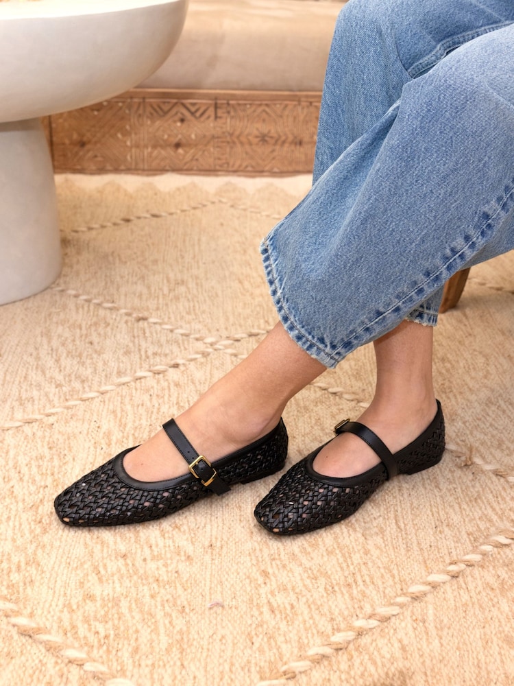 Novo Black Standard Fit Faye Woven Mary Jane Flat Shoes - Image 1 of 6