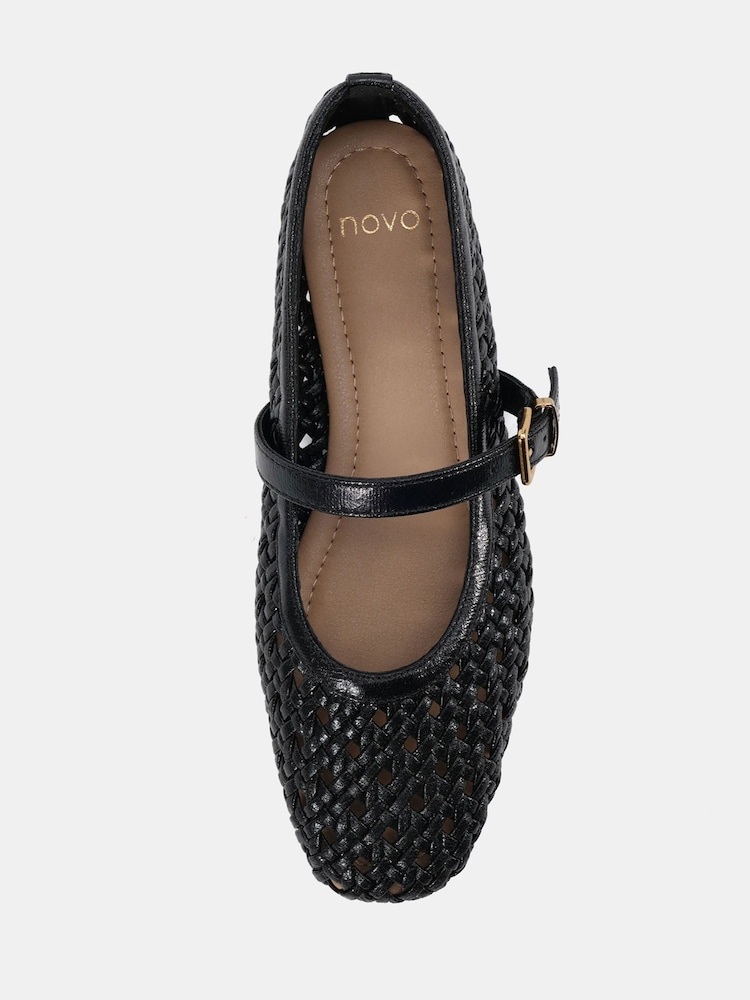 Novo Black Standard Fit Faye Woven Mary Jane Flat Shoes - Image 6 of 6