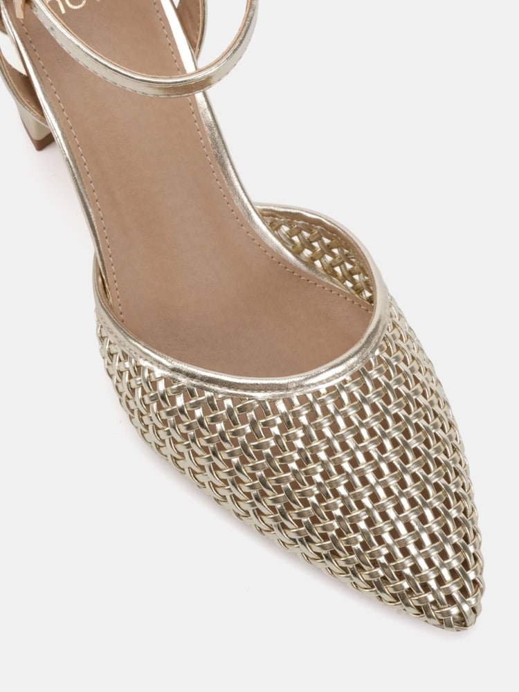 Novo Gold Wide Fit Imelda Weave Two Part Block Heel Court Shoes - Image 6 of 6