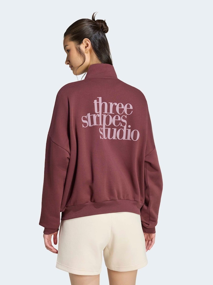 adidas Maroon Red 3-Stripes Studio 1/4 Zip Sweatshirt - Image 2 of 6 adidas Maroon Red 3-Stripes Studio 1/4 Zip Sweatshirt - Image 2 of 6