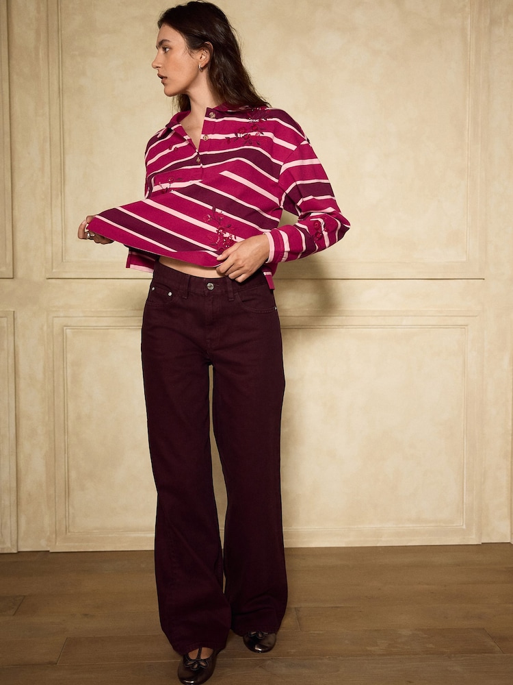 Berry Pink Stripe Long Sleeve Embellished Rugby Top - Image 2 of 5