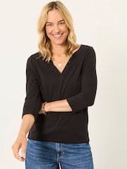 FatFace Aster Black 3/4 Sleeve V-Neck T-Shirt - Image 1 of 6