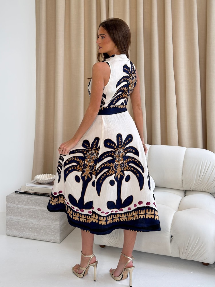 Girl In Mind Brown Rhia Collar Boarder Print Sleevless Midi Dress - Image 2 of 6