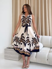 Girl In Mind Brown Rhia Collar Boarder Print Sleevless Midi Dress - Image 3 of 6