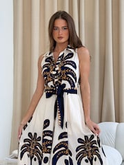 Girl In Mind Brown Rhia Collar Boarder Print Sleevless Midi Dress - Image 5 of 6