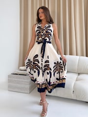 Girl In Mind Brown Rhia Collar Boarder Print Sleevless Midi Dress - Image 6 of 6