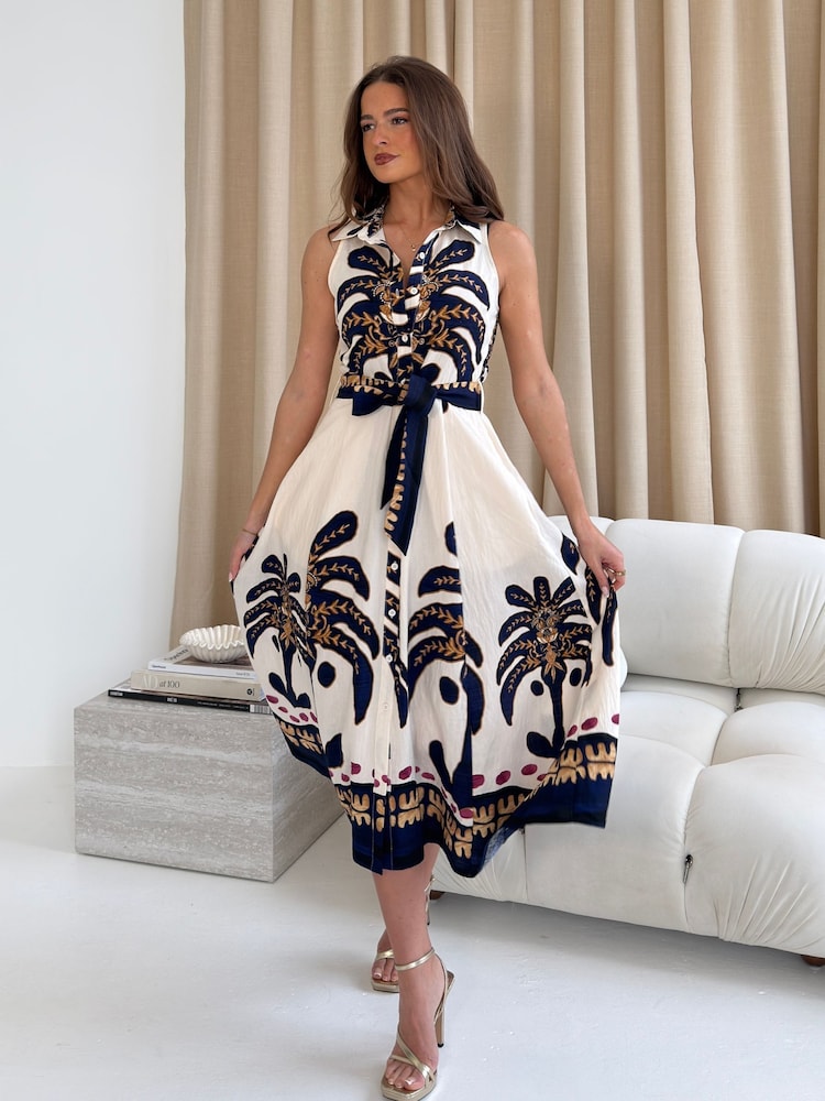 Girl In Mind Brown Rhia Collar Boarder Print Sleevless Midi Dress - Image 6 of 6