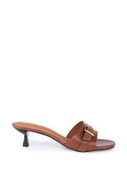 Off The Hook Brown Jackie Leather Buckle Strap Kitten Heel Mule Sandals - Image 1 of 6