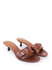 Off The Hook Brown Jackie Leather Buckle Strap Kitten Heel Mule Sandals - Image 2 of 6