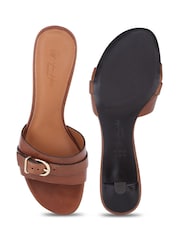 Off The Hook Brown Jackie Leather Buckle Strap Kitten Heel Mule Sandals - Image 6 of 6