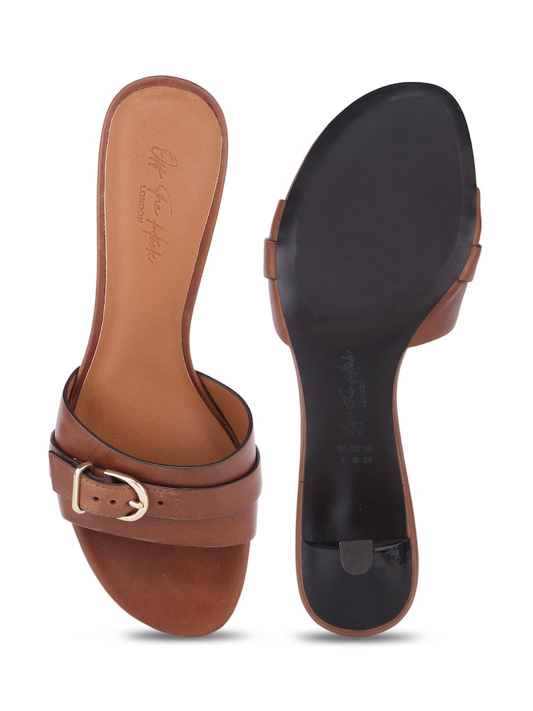 Off The Hook Brown Jackie Leather Buckle Strap Kitten Heel Mule Sandals - Image 6 of 6