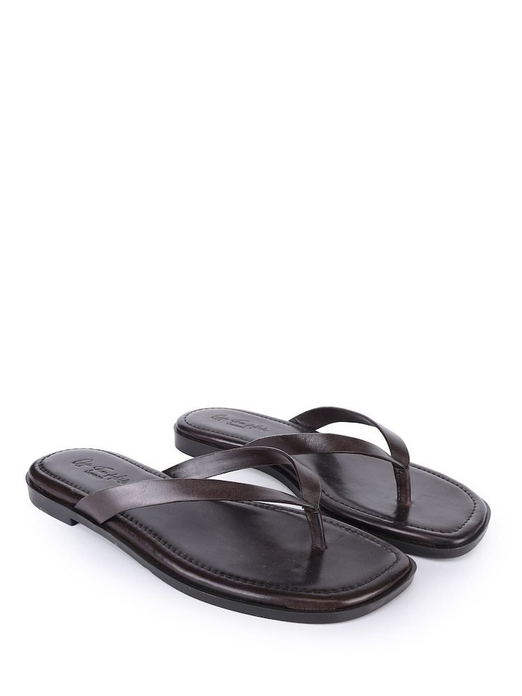 Off The Hook Brown Freya Leather Toe Thong Flat Sandals - Image 1 of 6