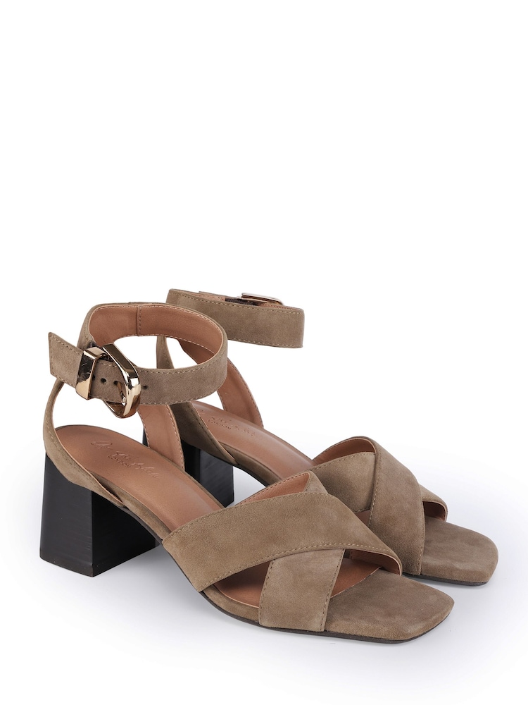 Off The Hook Green Ruby Suede Leather Heeled Sandals With Crossover Front Strap - Image 1 of 6 Off The Hook Green Ruby Suede Leather Heeled Sandals With Crossover Front Strap - Image 1 of 6