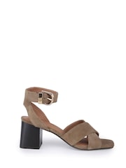 Off The Hook Green Ruby Suede Leather Heeled Sandals With Crossover Front Strap - Image 2 of 6