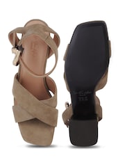 Off The Hook Green Ruby Suede Leather Heeled Sandals With Crossover Front Strap - Image 6 of 6