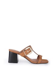 Off The Hook Brown Kelsie Leather T-Strap Buckle Block Heel Mule Sandals - Image 1 of 6