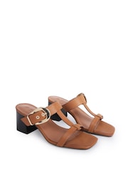 Off The Hook Brown Kelsie Leather T-Strap Buckle Block Heel Mule Sandals - Image 2 of 6
