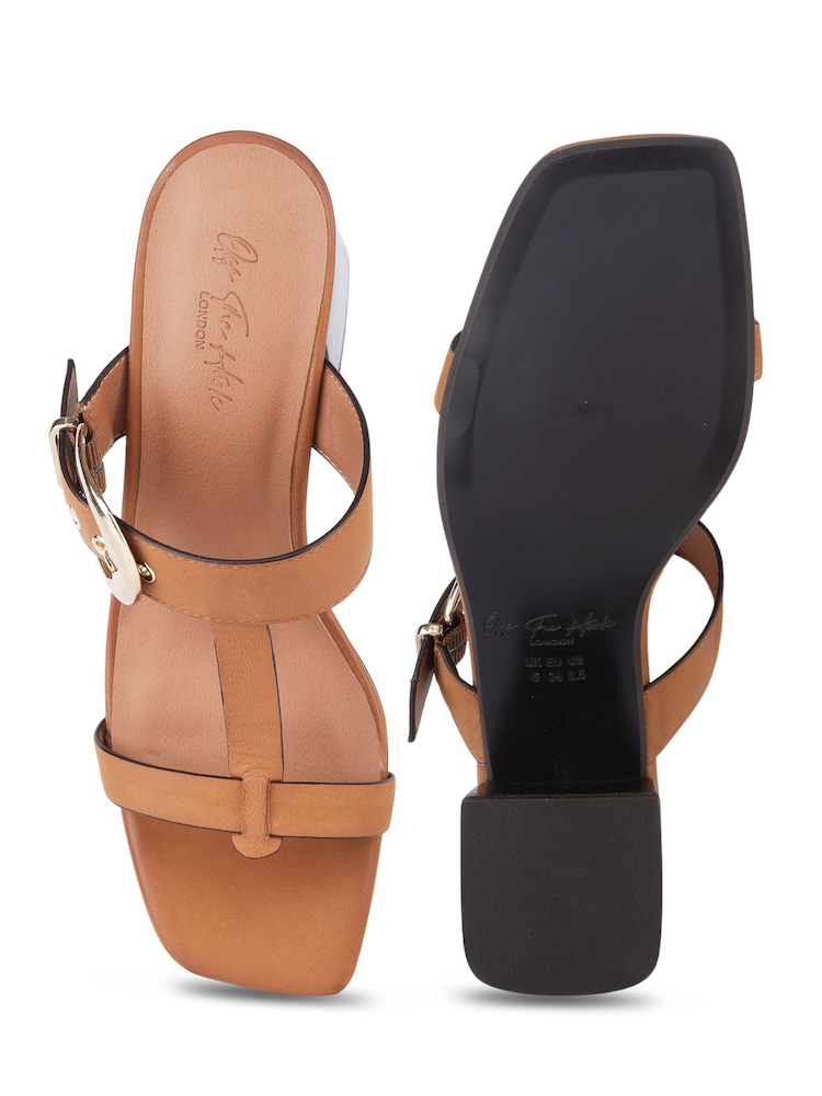 Off The Hook Brown Kelsie Leather T-Strap Buckle Block Heel Mule Sandals - Image 6 of 6 Off The Hook Brown Kelsie Leather T-Strap Buckle Block Heel Mule Sandals - Image 6 of 6