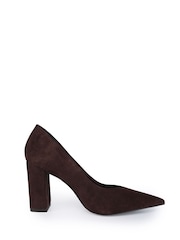 Off The Hook Chocolate Brown Brandy Suede Leather Pointed Toe Block Heel Shoes - Image 1 of 6